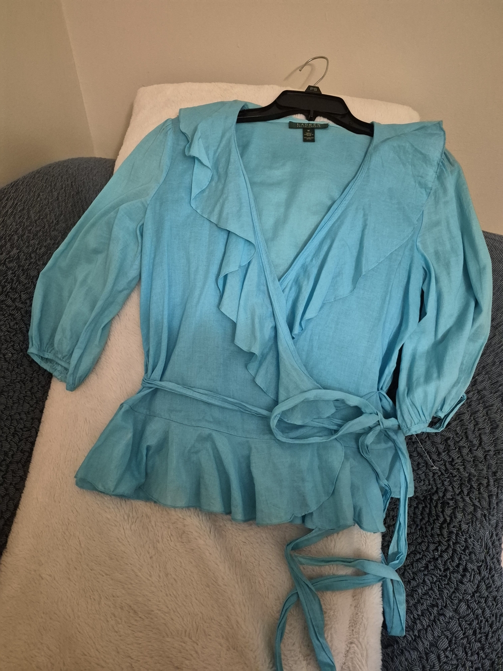 Ralph Lauren Turquoise Sheer Ruffled Wrap Blouse - Picture 9 of 10